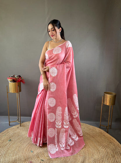 Lucknowi Based Border And Pallu Linen Peach Saree