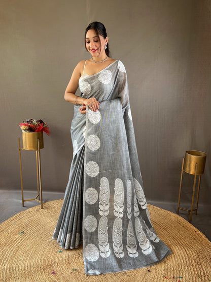 Lucknowi Based Border And Pallu Linen Grey Saree