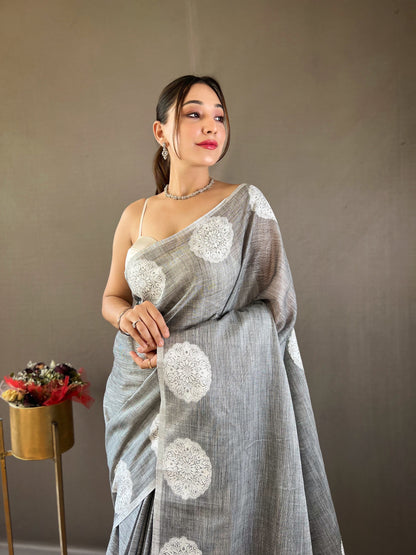 Lucknowi Based Border And Pallu Linen Grey Saree