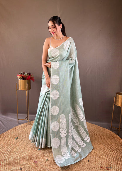 Lucknowi Based Border And Pallu Linen Sky Blue Saree