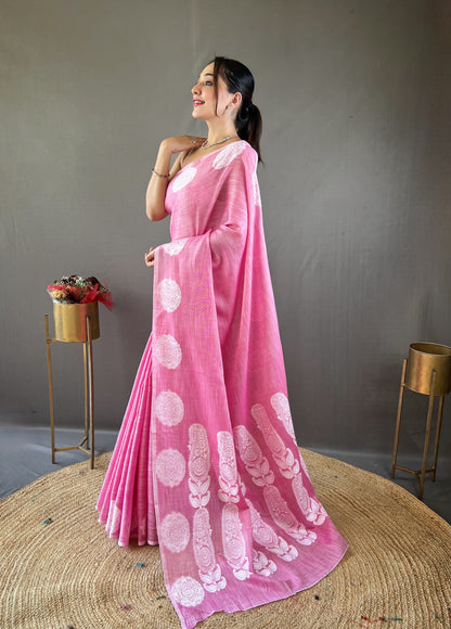 Lucknowi Based Border And Pallu Linen Pink Saree