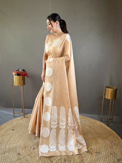 Lucknowi Based Border And Pallu Linen Cream Saree