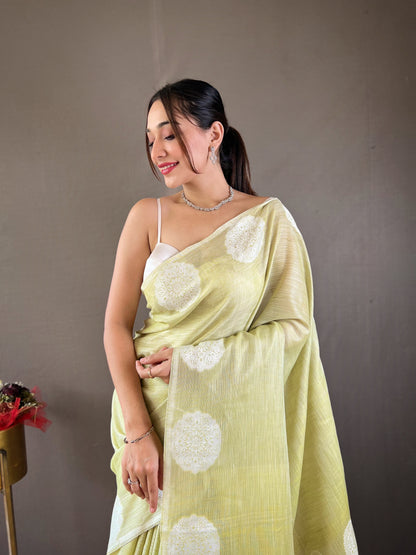 Lucknowi Based Border And Pallu Linen Pista Saree