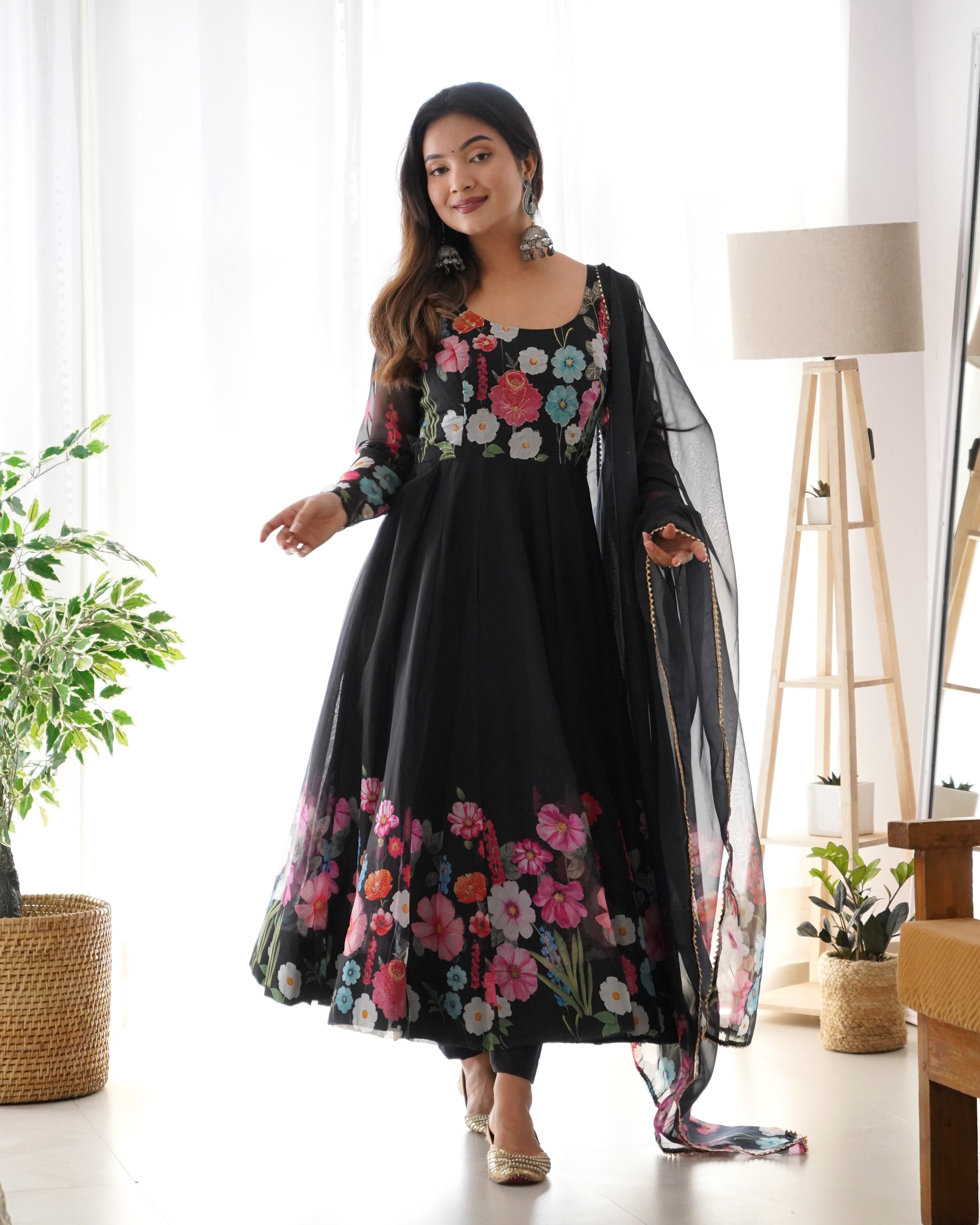 Innovative Multi Flower Print Black Color Anarkali Suit