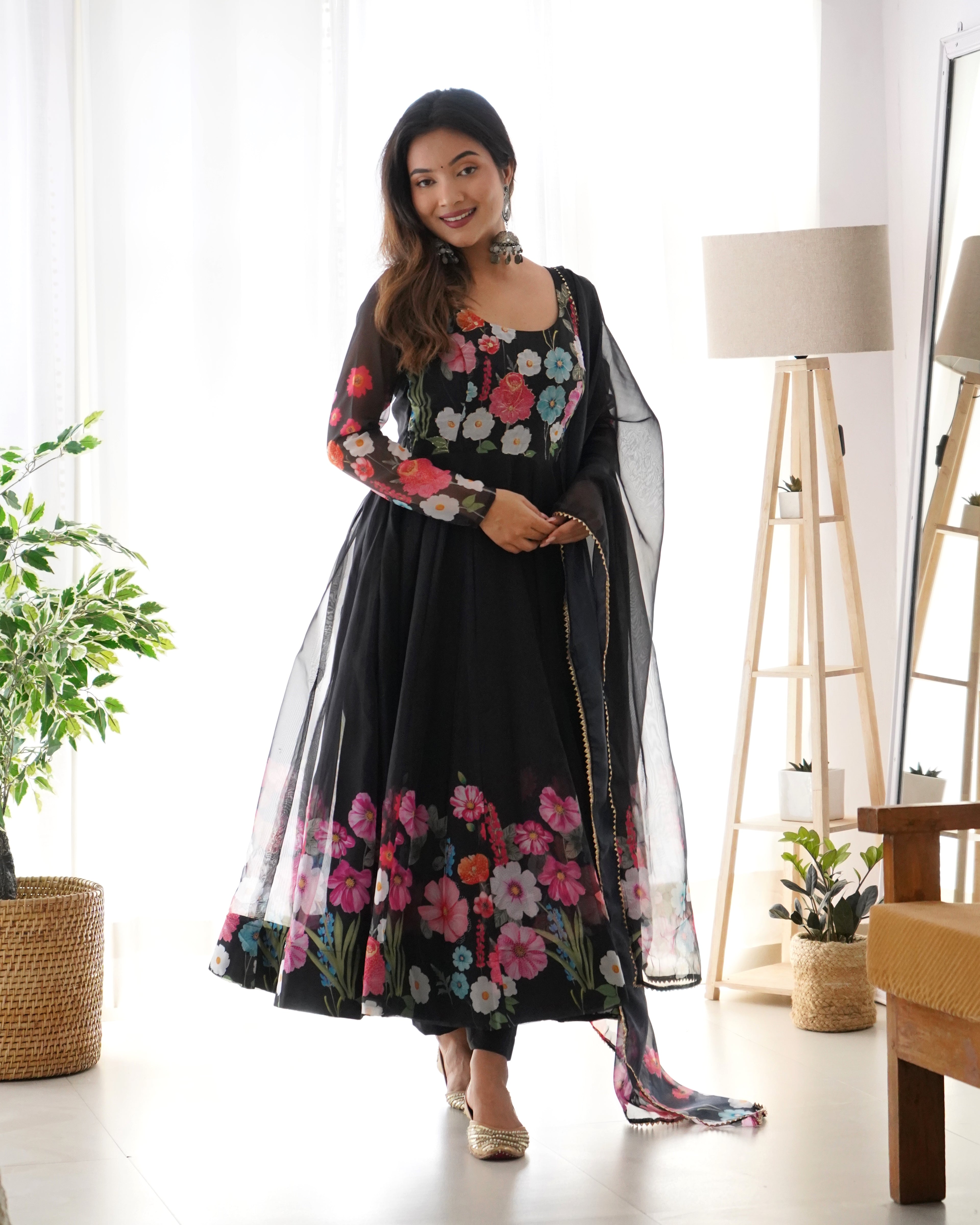 Innovative Multi Flower Print Black Color Anarkali Suit