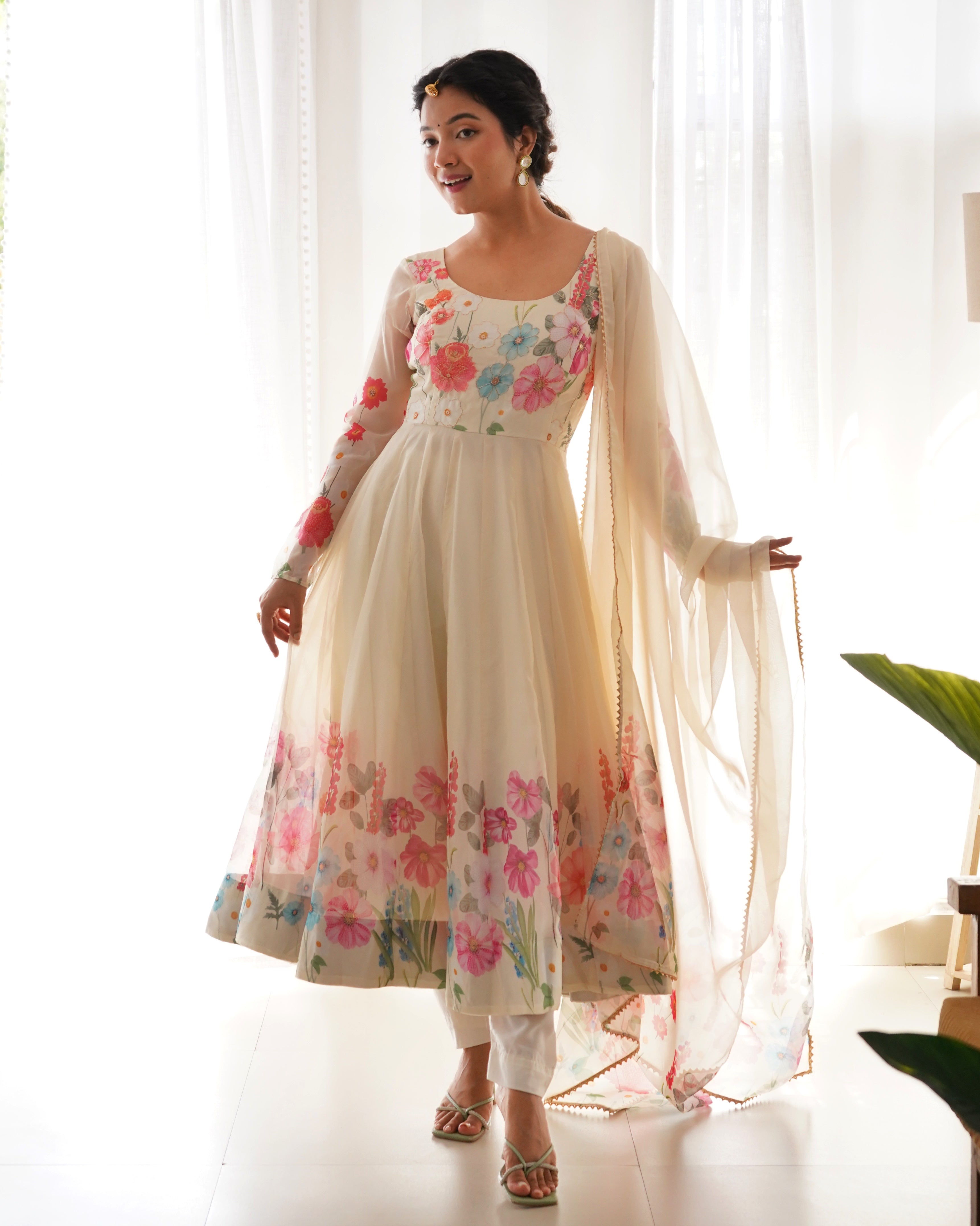 Innovative Multi Flower Print Cream Color Anarkali Suit