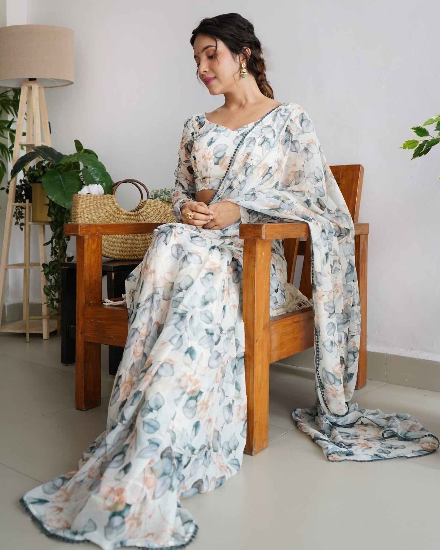 Leaf Print Cream Color Ready To Wear Saree