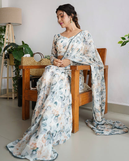 Leaf Print Cream Color Ready To Wear Saree