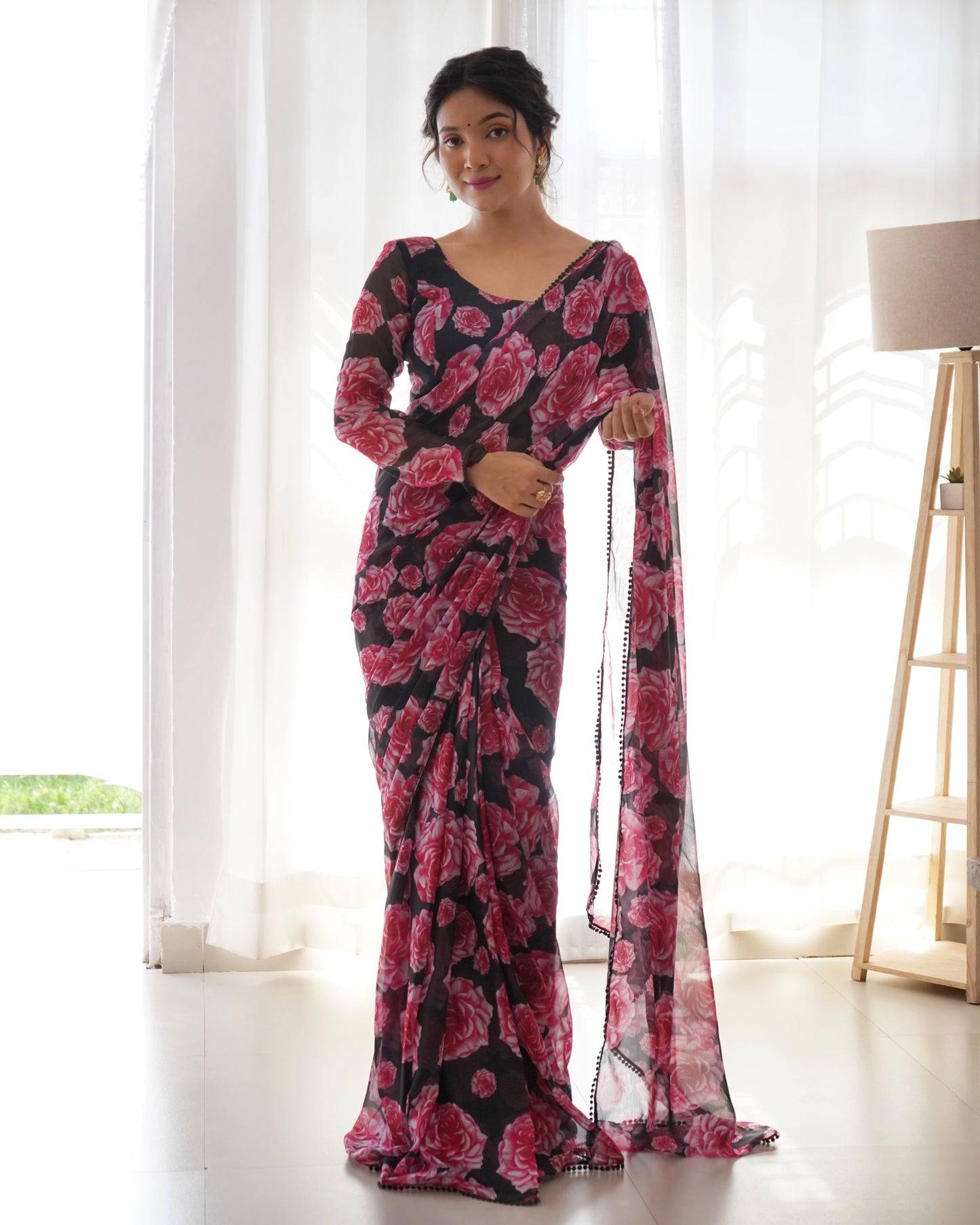 Rose Print Black Color Ready To Wear Saree