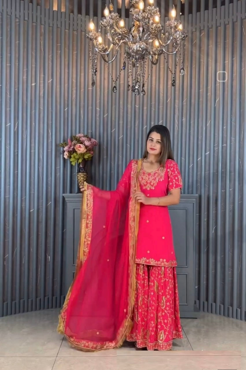 Stunning Pink Color Embroidered Sequence Sharara Suit