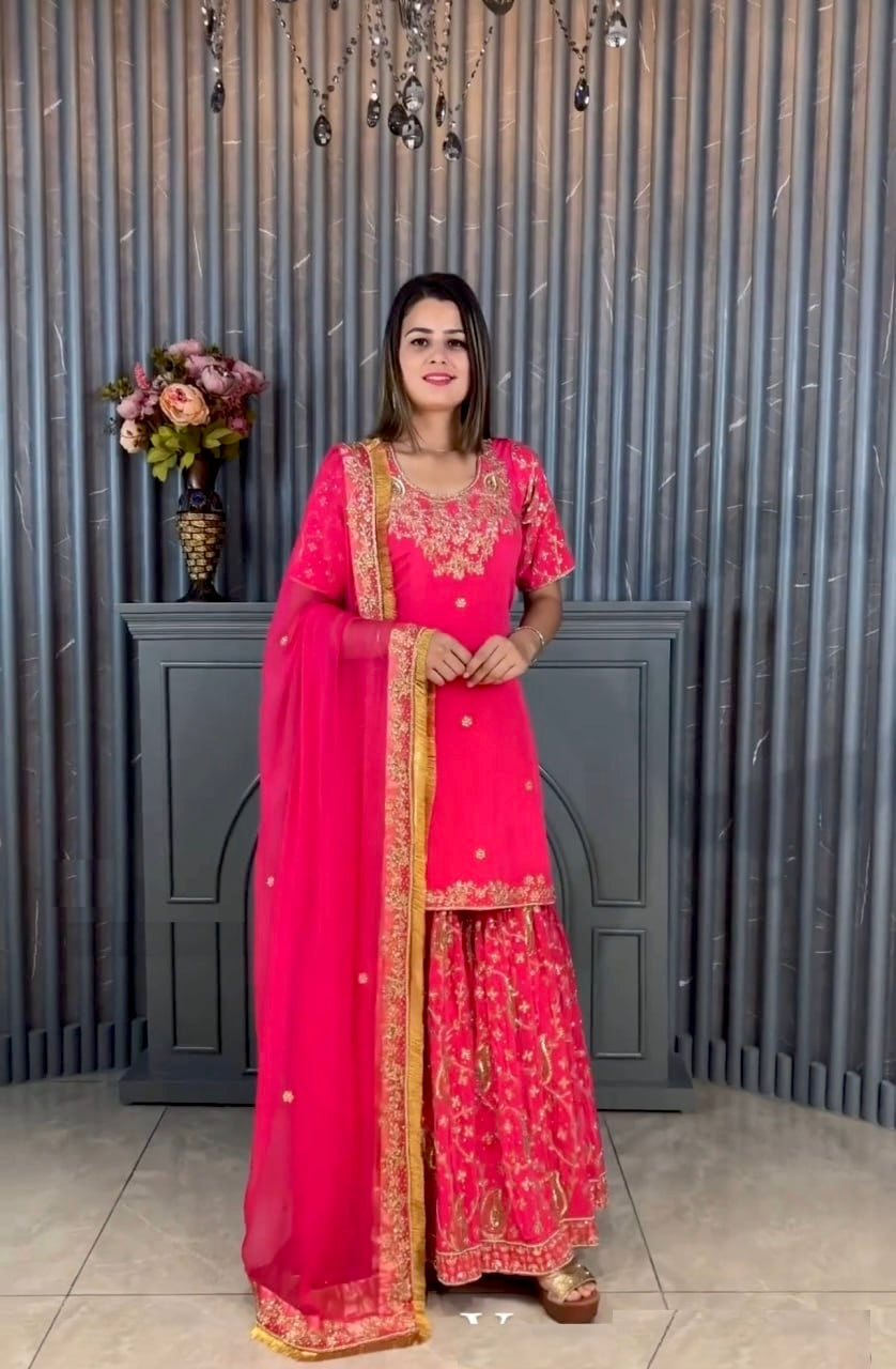 Stunning Pink Color Embroidered Sequence Sharara Suit