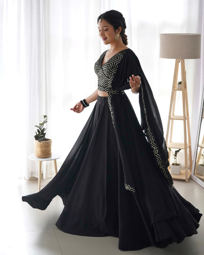 Party Wear Black Plain Lehenga With Work Blouse