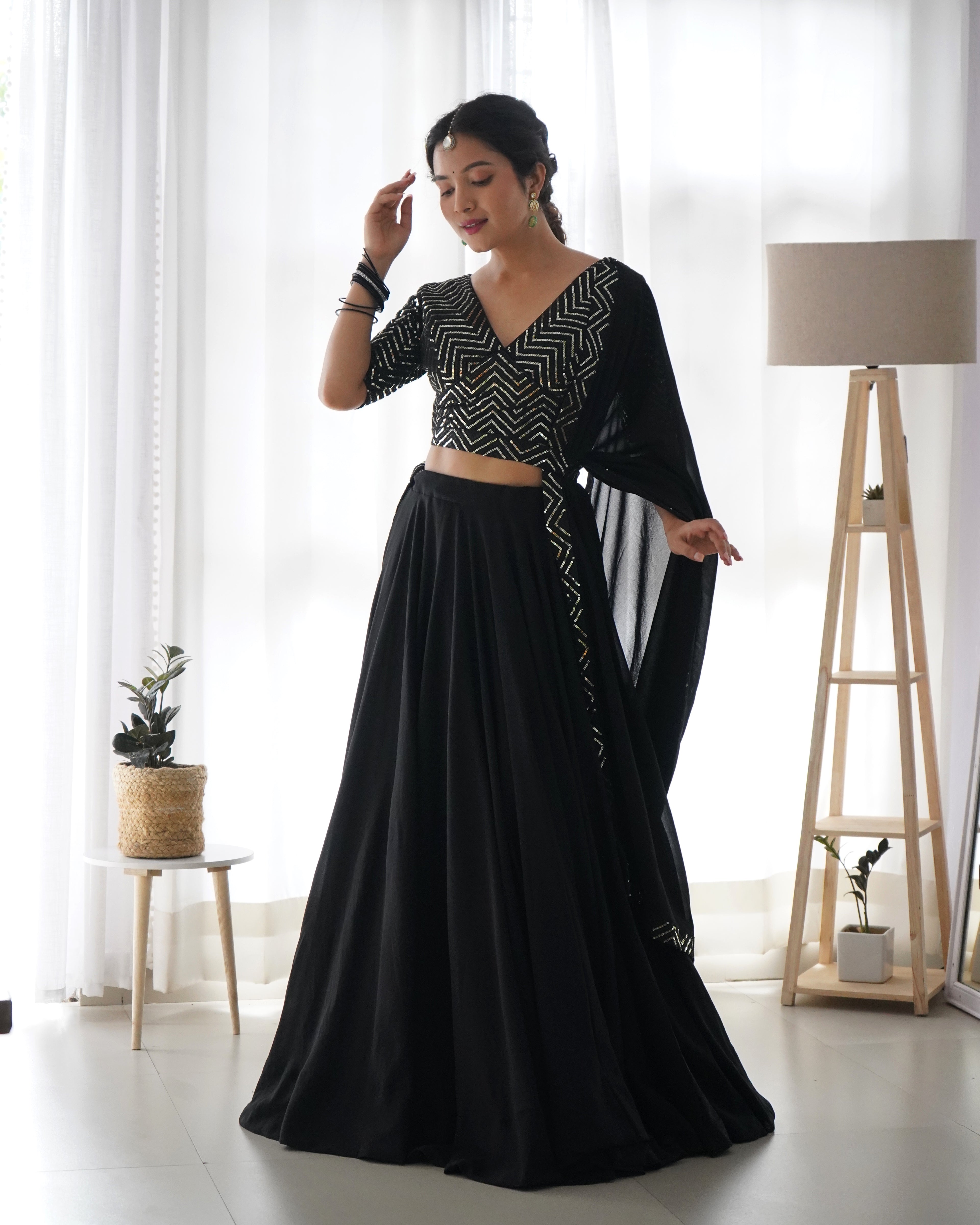 Party Wear Black Plain Lehenga With Work Blouse