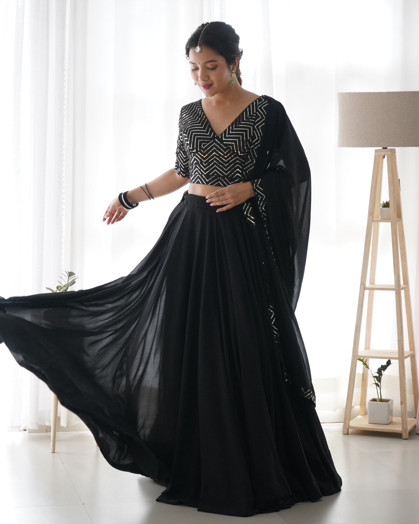 Party Wear Black Plain Lehenga With Work Blouse