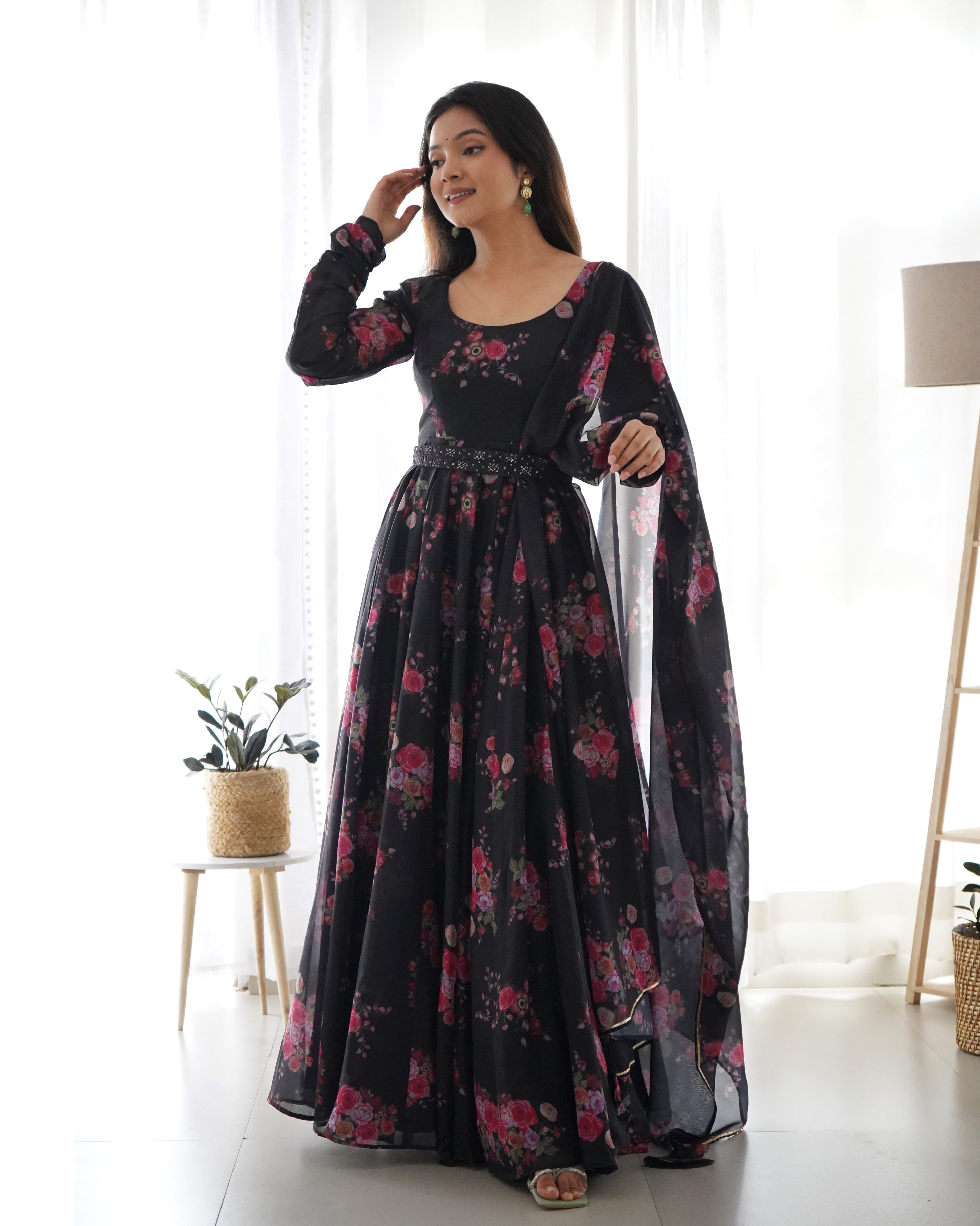 Beautiful Organza Silk Black Gown With Dupatta