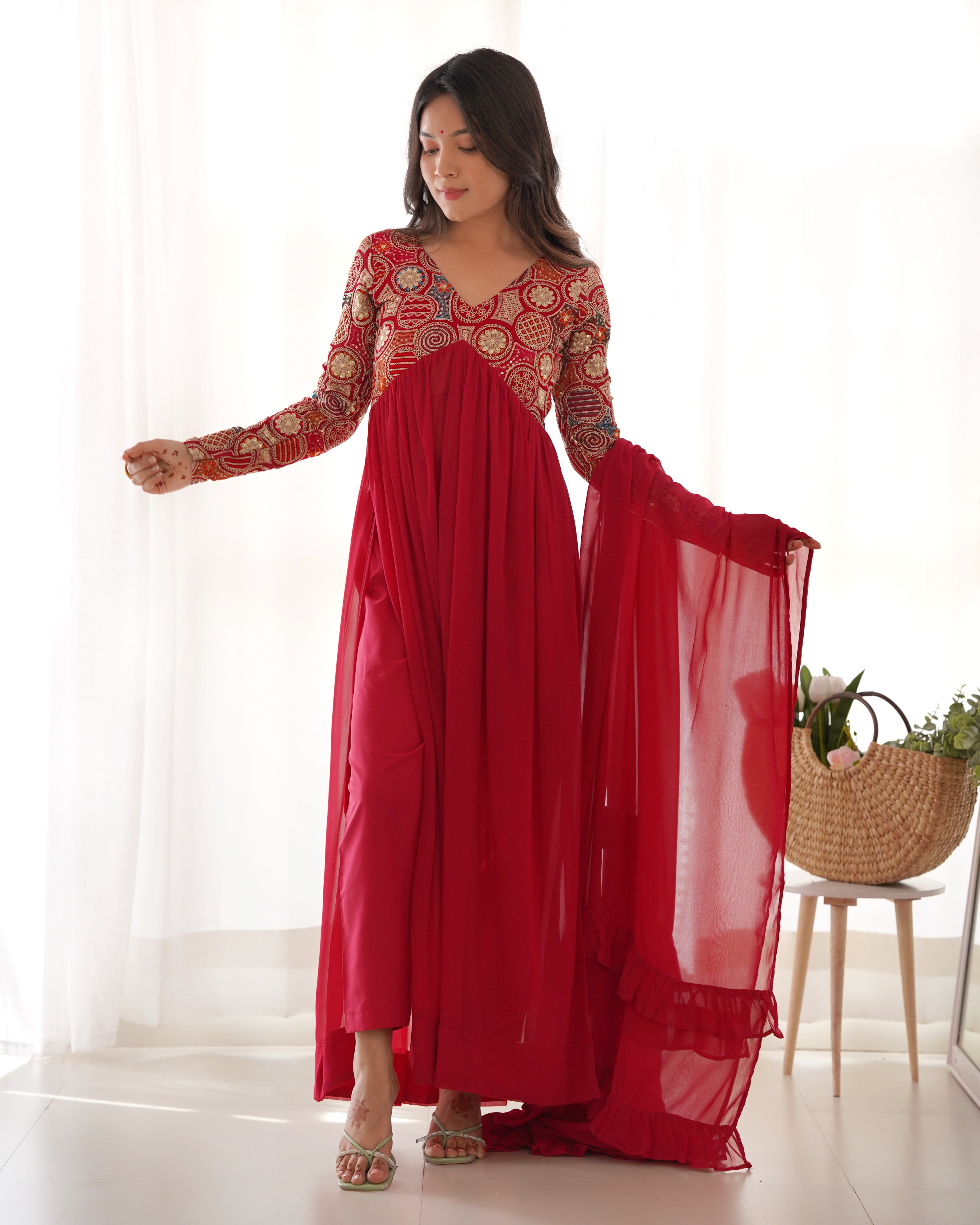 Terrific Thread Jari Work Red Kurta Set With Frill Dupatta