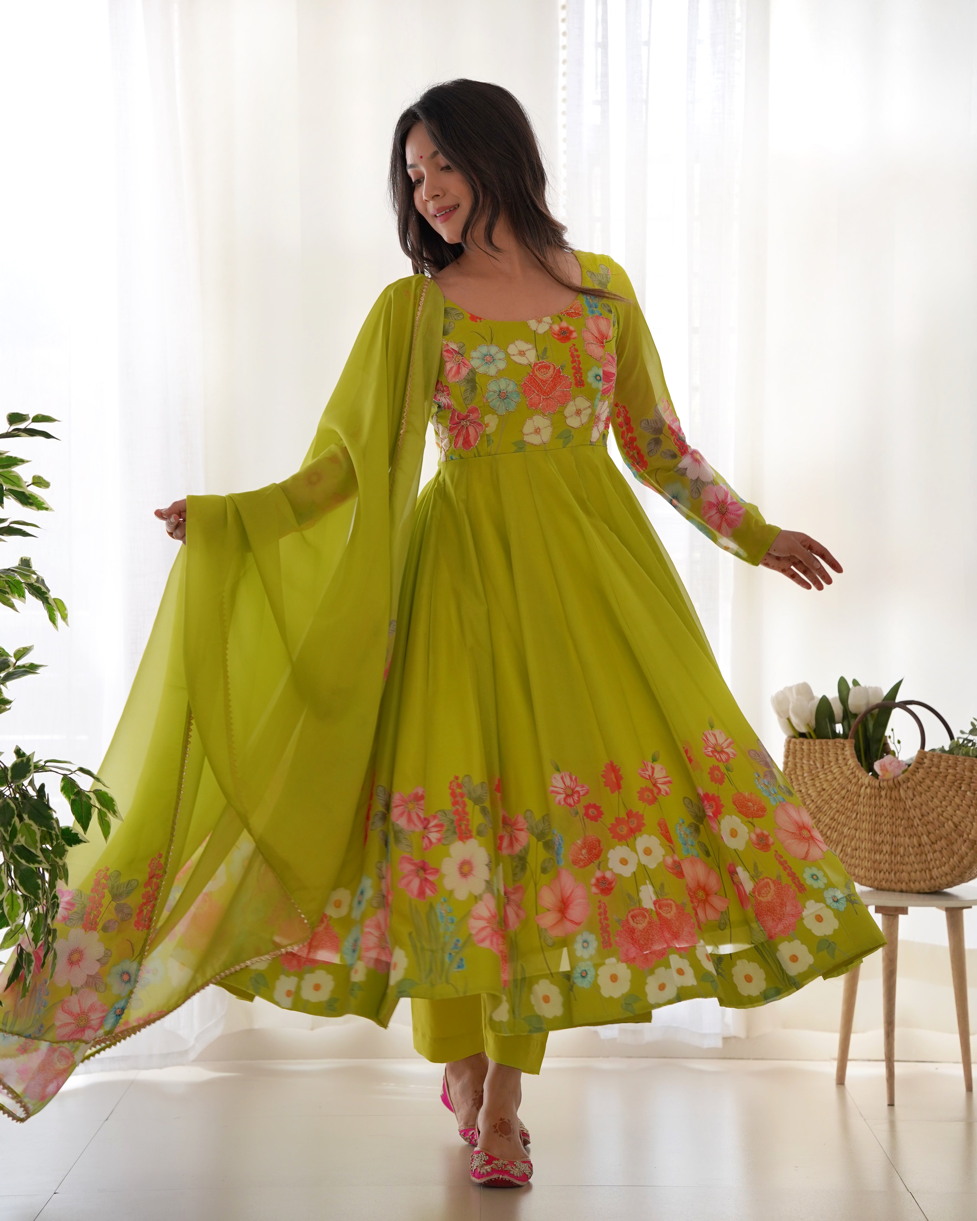 Innovative Multi Flower Print Parrot Green Color Anarkali Suit