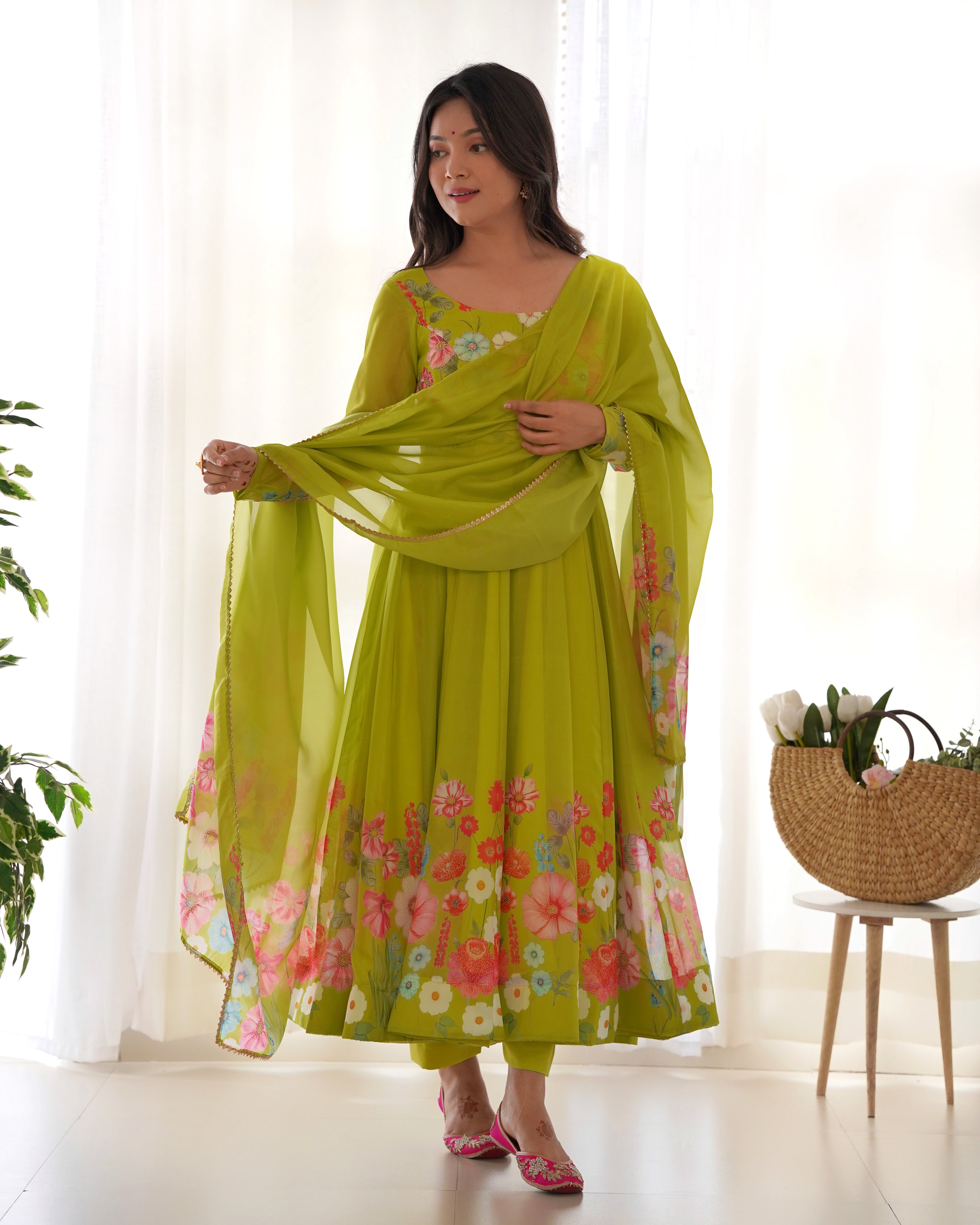 Innovative Multi Flower Print Parrot Green Color Anarkali Suit