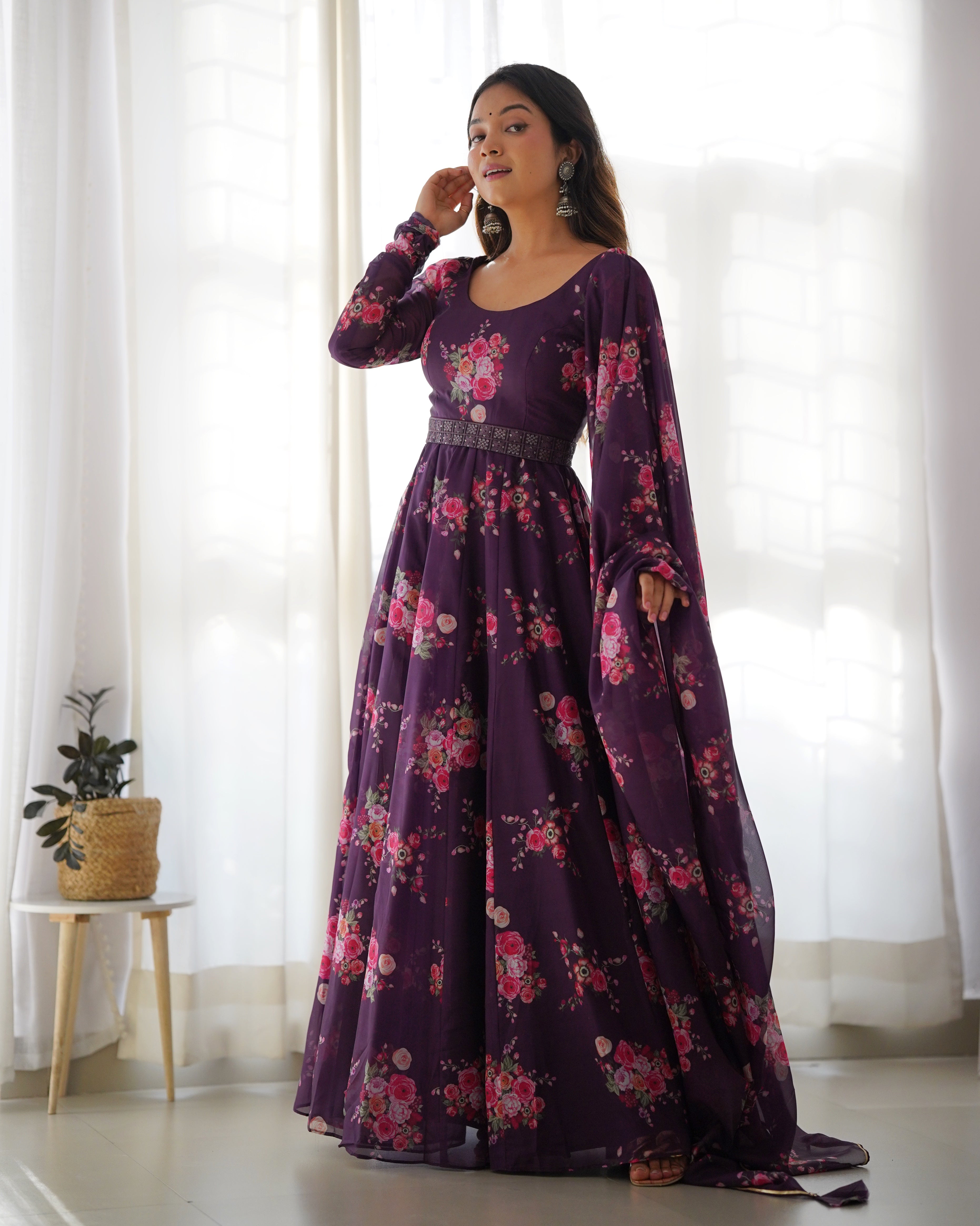 Beautiful Organza Silk Wine Gown With Dupatta