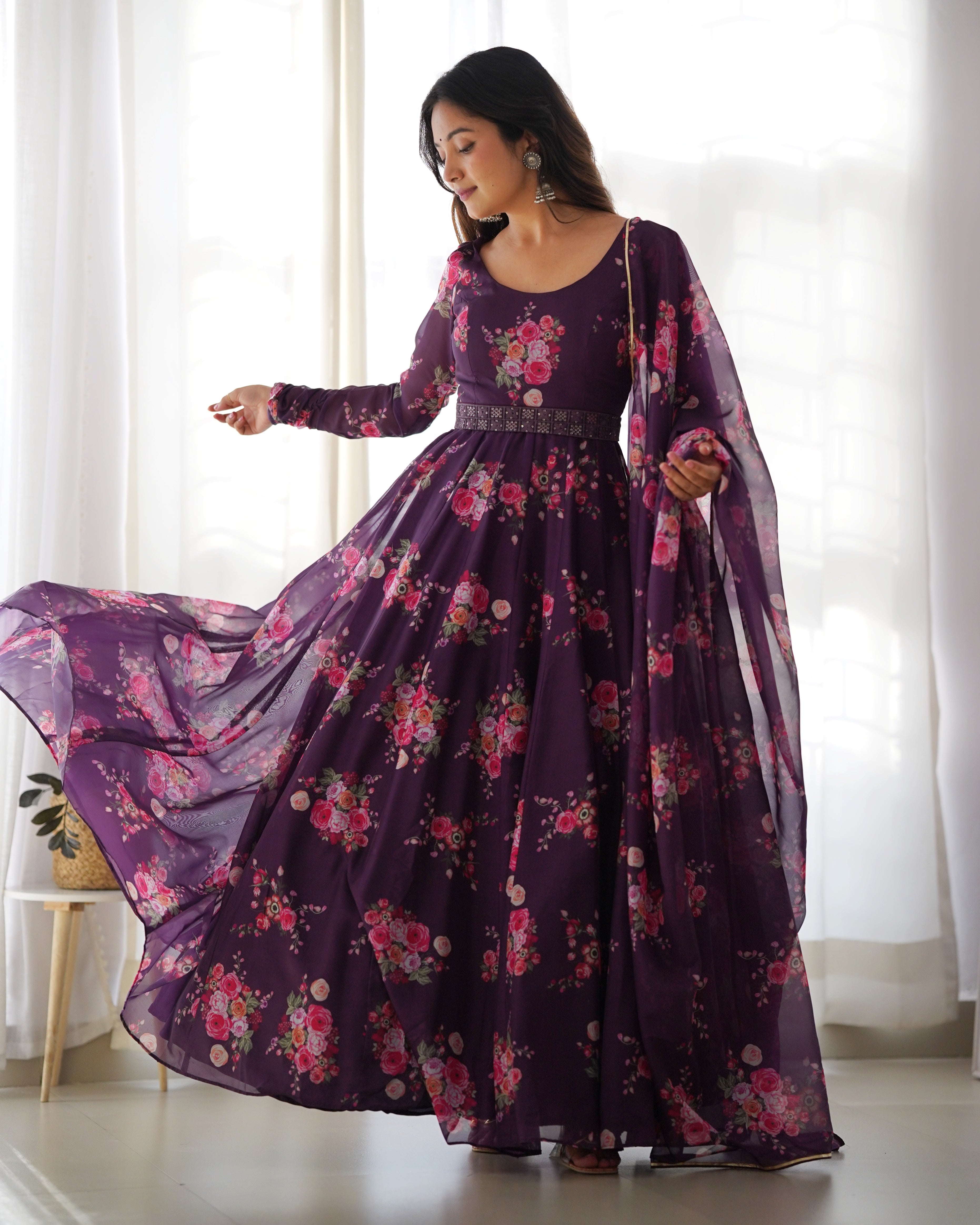 Beautiful Organza Silk Wine Gown With Dupatta