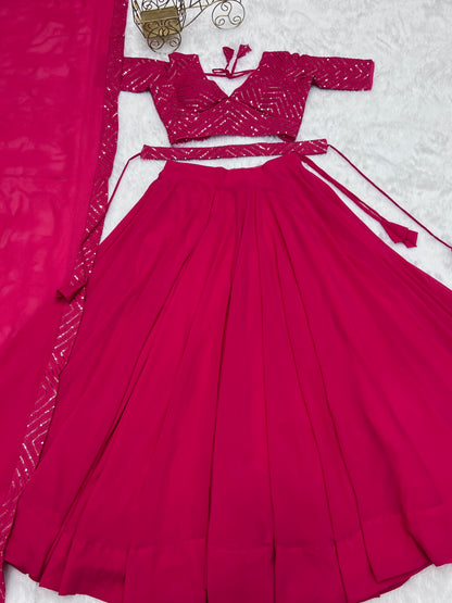 Party Wear Pink Plain Lehenga With Work Blouse