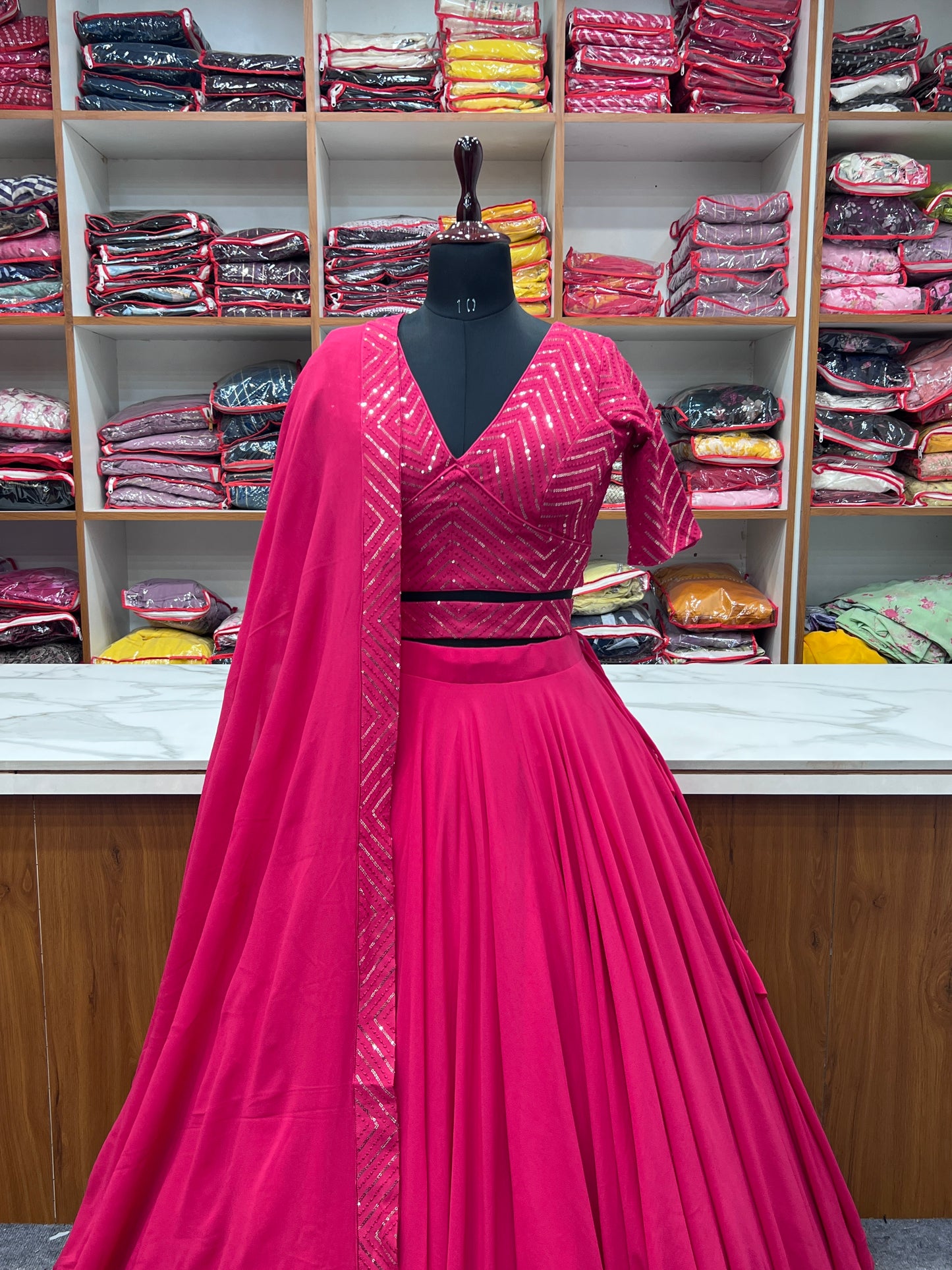 Party Wear Pink Plain Lehenga With Work Blouse