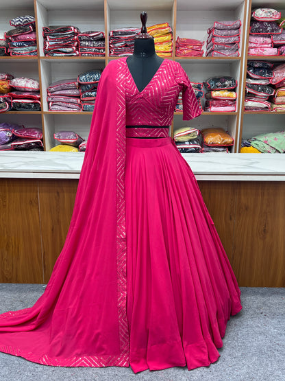 Party Wear Pink Plain Lehenga With Work Blouse