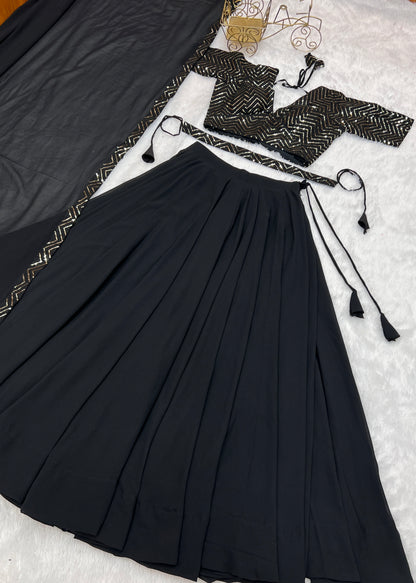 Party Wear Black Plain Lehenga With Work Blouse