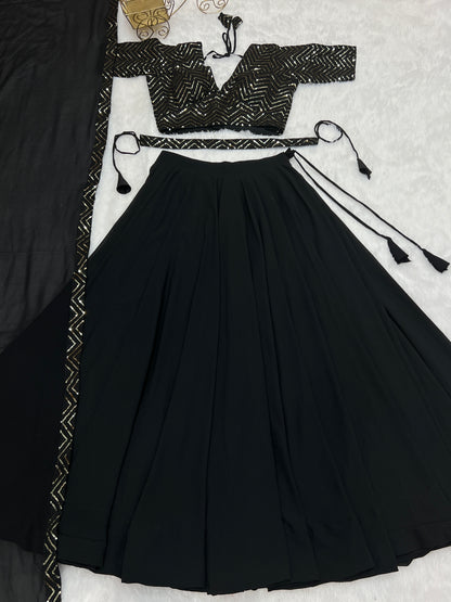 Party Wear Black Plain Lehenga With Work Blouse