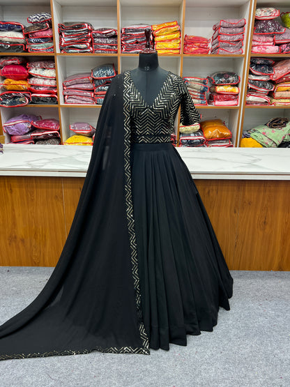 Party Wear Black Plain Lehenga With Work Blouse