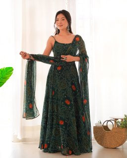 Bandhani Print Beautiful Anarkali Green Color Suit