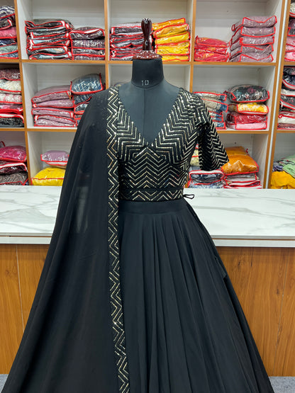 Party Wear Black Plain Lehenga With Work Blouse