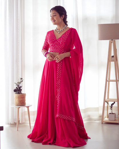 Party Wear Pink Plain Lehenga With Work Blouse