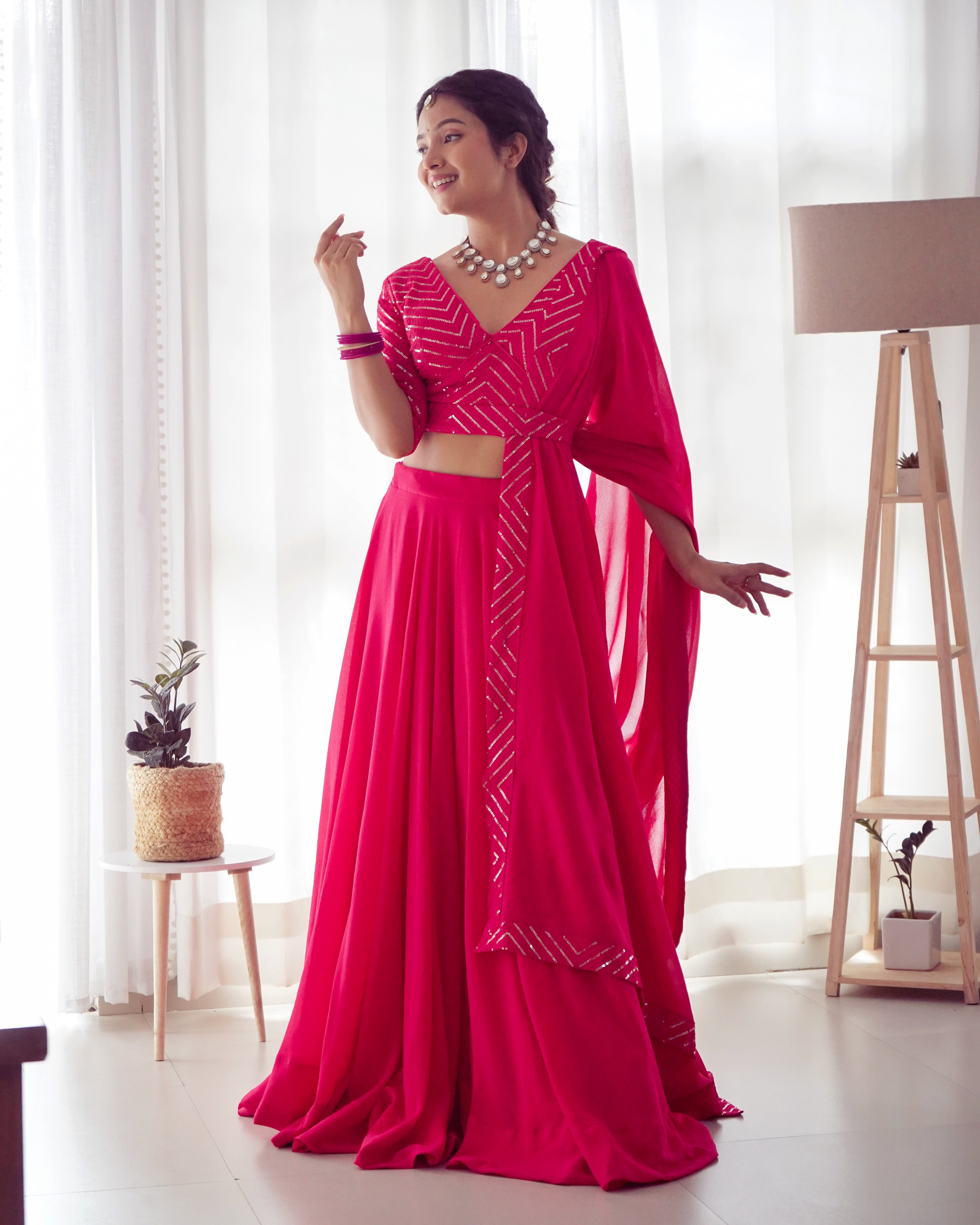 Party Wear Pink Plain Lehenga With Work Blouse