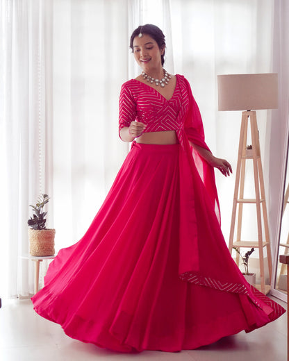 Party Wear Pink Plain Lehenga With Work Blouse