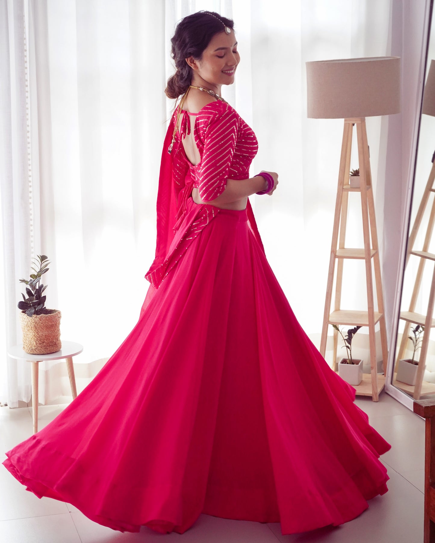 Party Wear Pink Plain Lehenga With Work Blouse