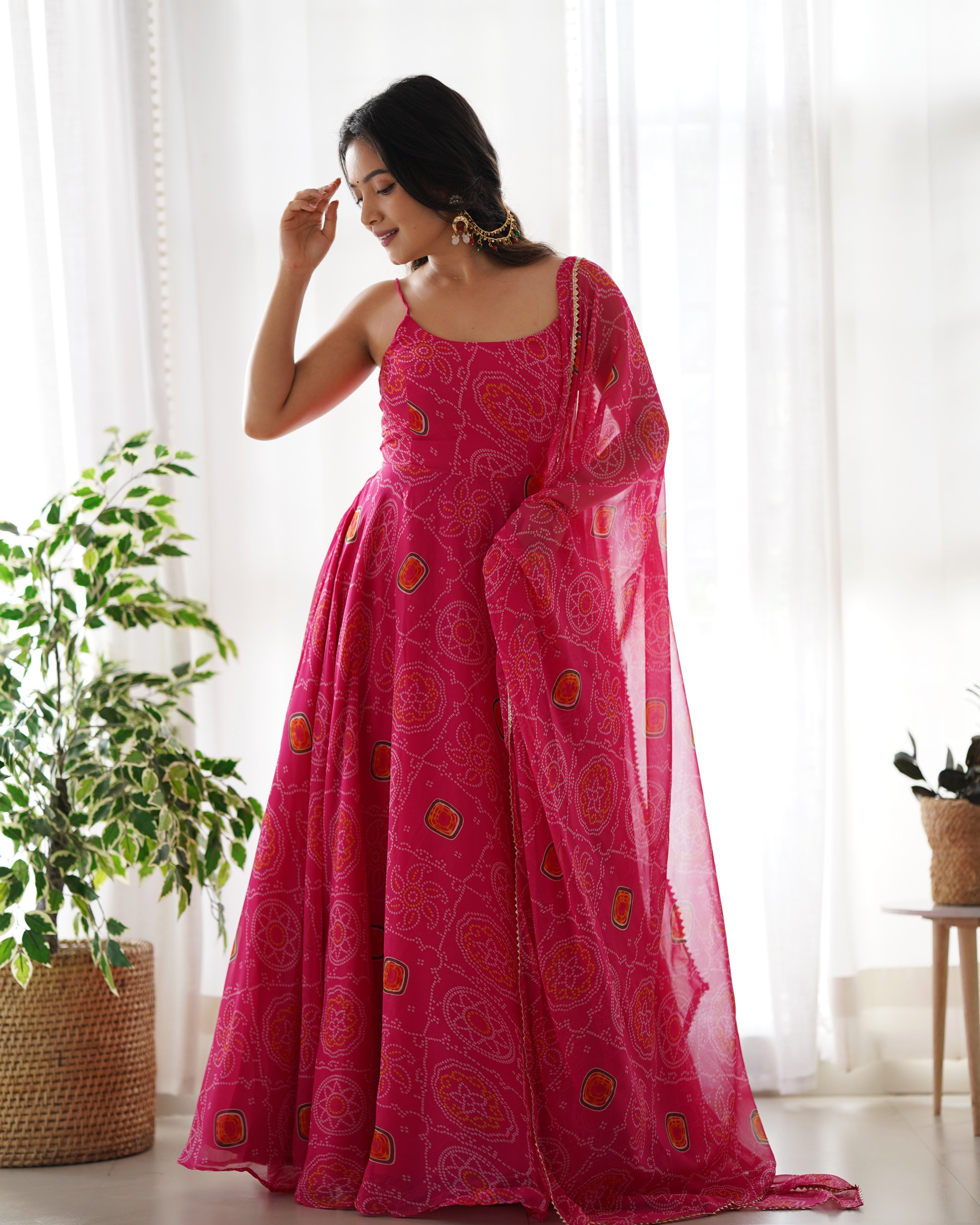 Bandhani Print Beautiful Anarkali Pink Color Suit