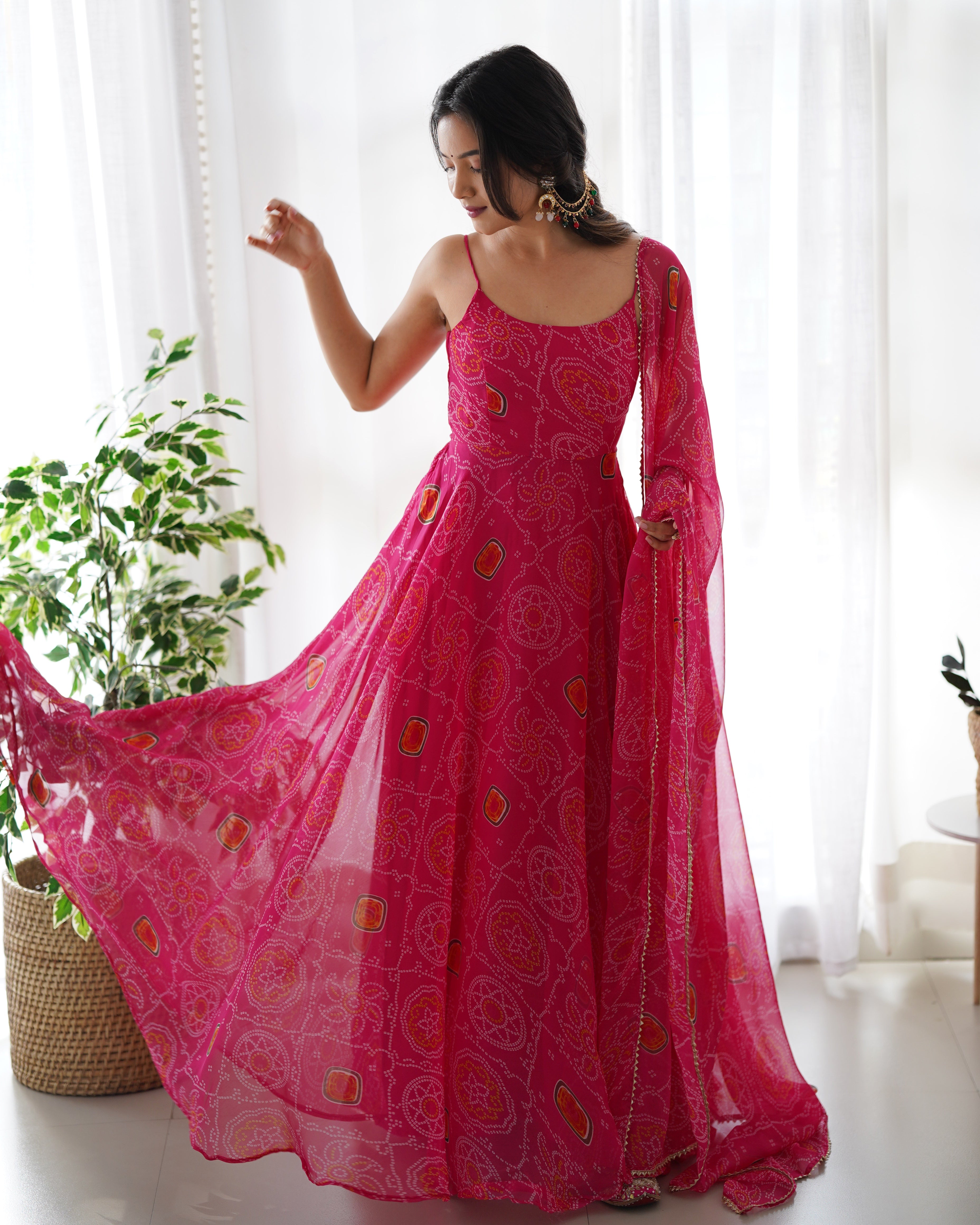 Bandhani Print Beautiful Anarkali Pink Color Suit