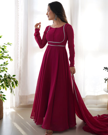 Dark Pink Color Lace Work Gown With Dupatta