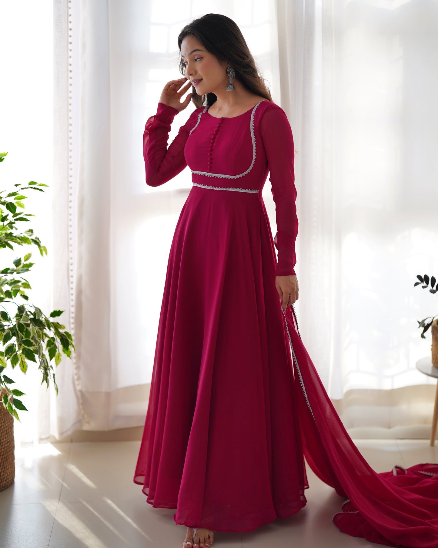 Dark Pink Color Lace Work Gown With Dupatta