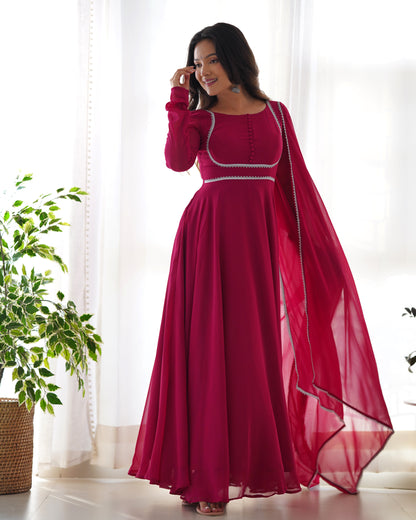 Dark Pink Color Lace Work Gown With Dupatta