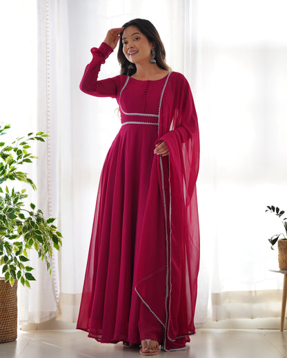 Dark Pink Color Lace Work Gown With Dupatta