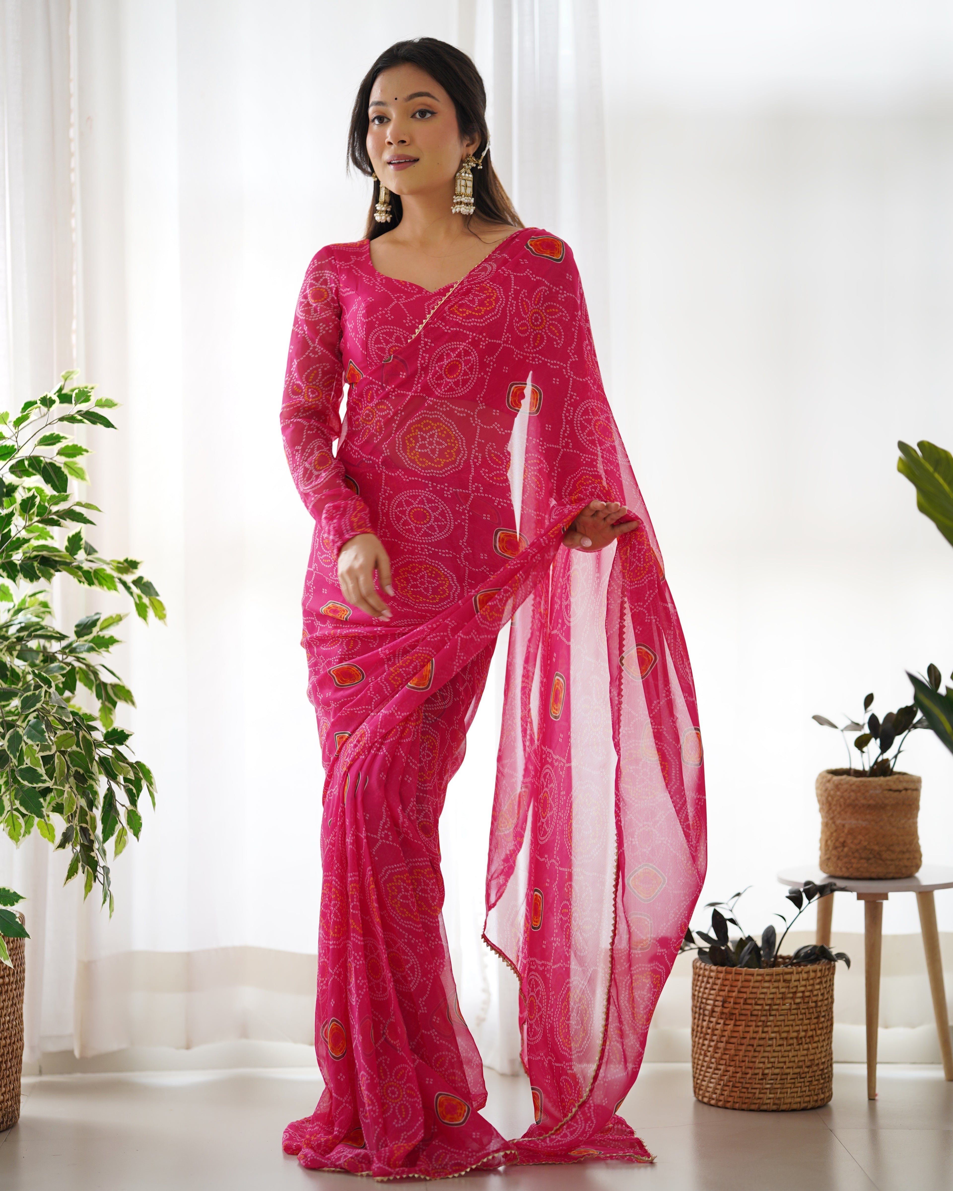 Ready To Wear Bandhani Print Pink Color Saree