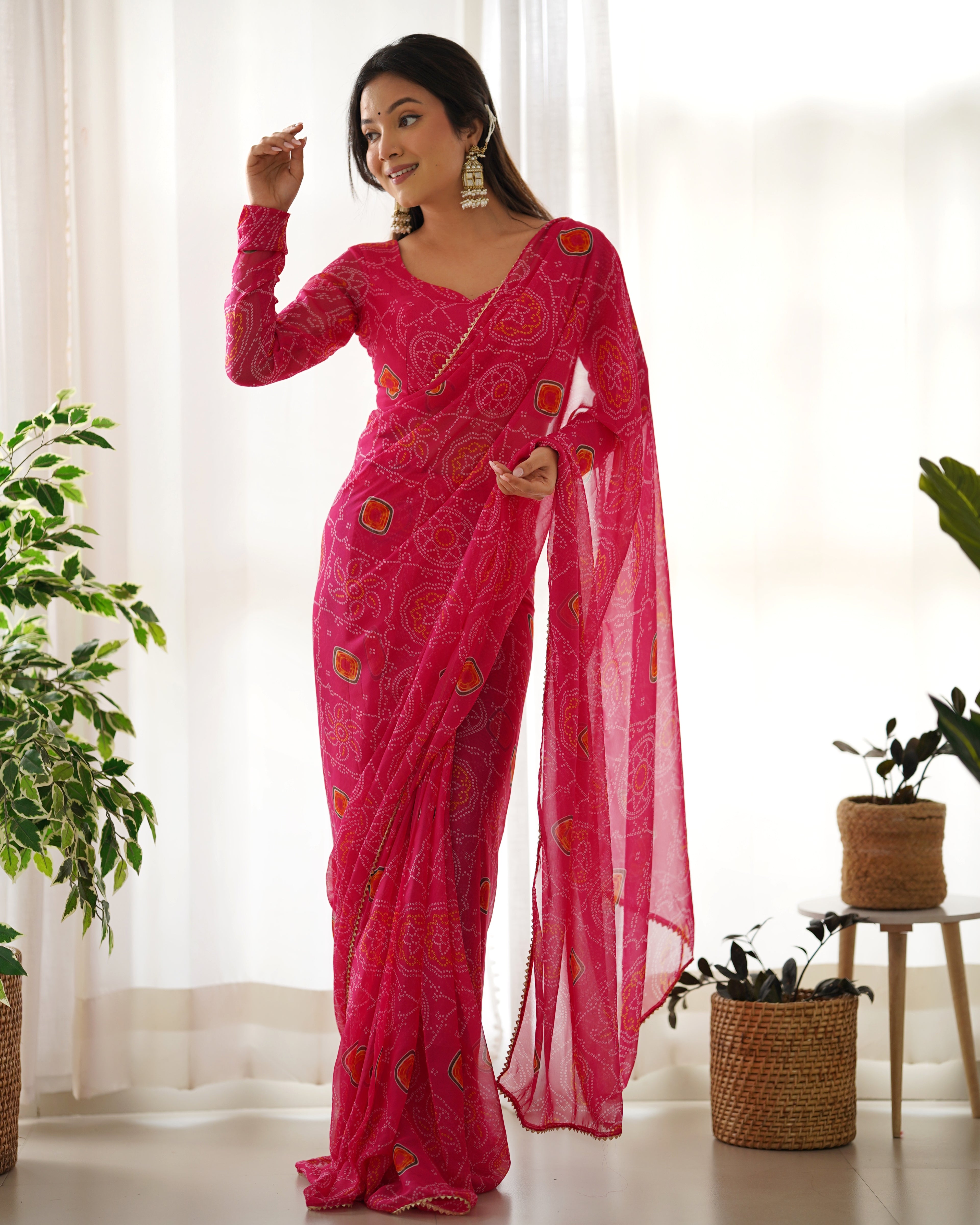 Ready To Wear Bandhani Print Pink Color Saree