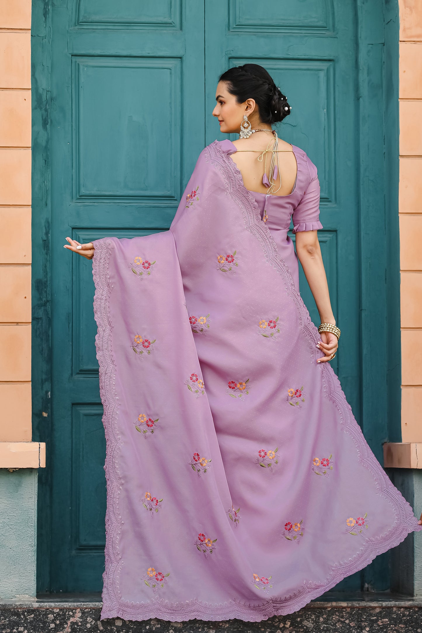 Luxuriant Lavender Color Embroidery Cutwork Saree