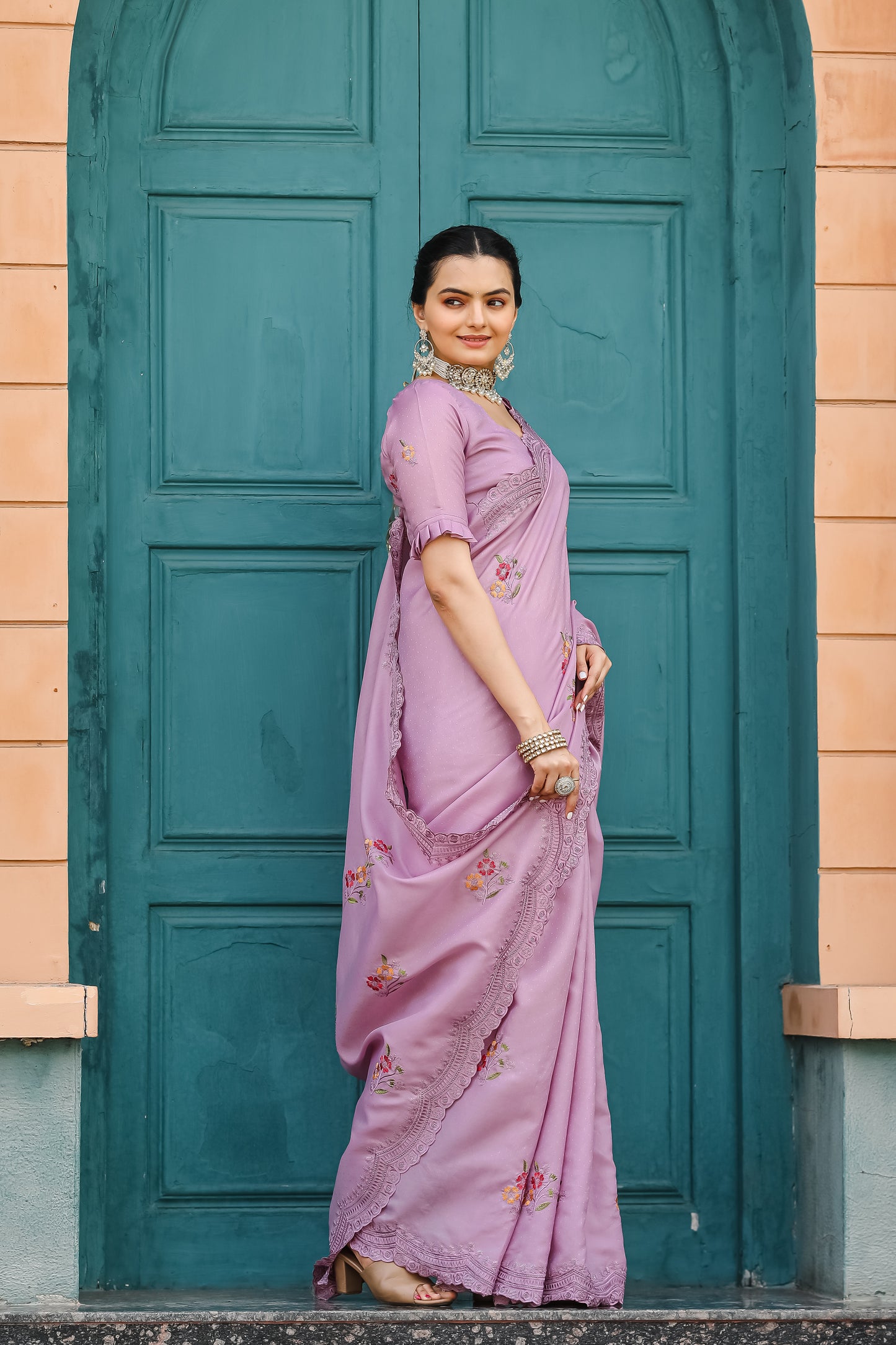 Luxuriant Lavender Color Embroidery Cutwork Saree