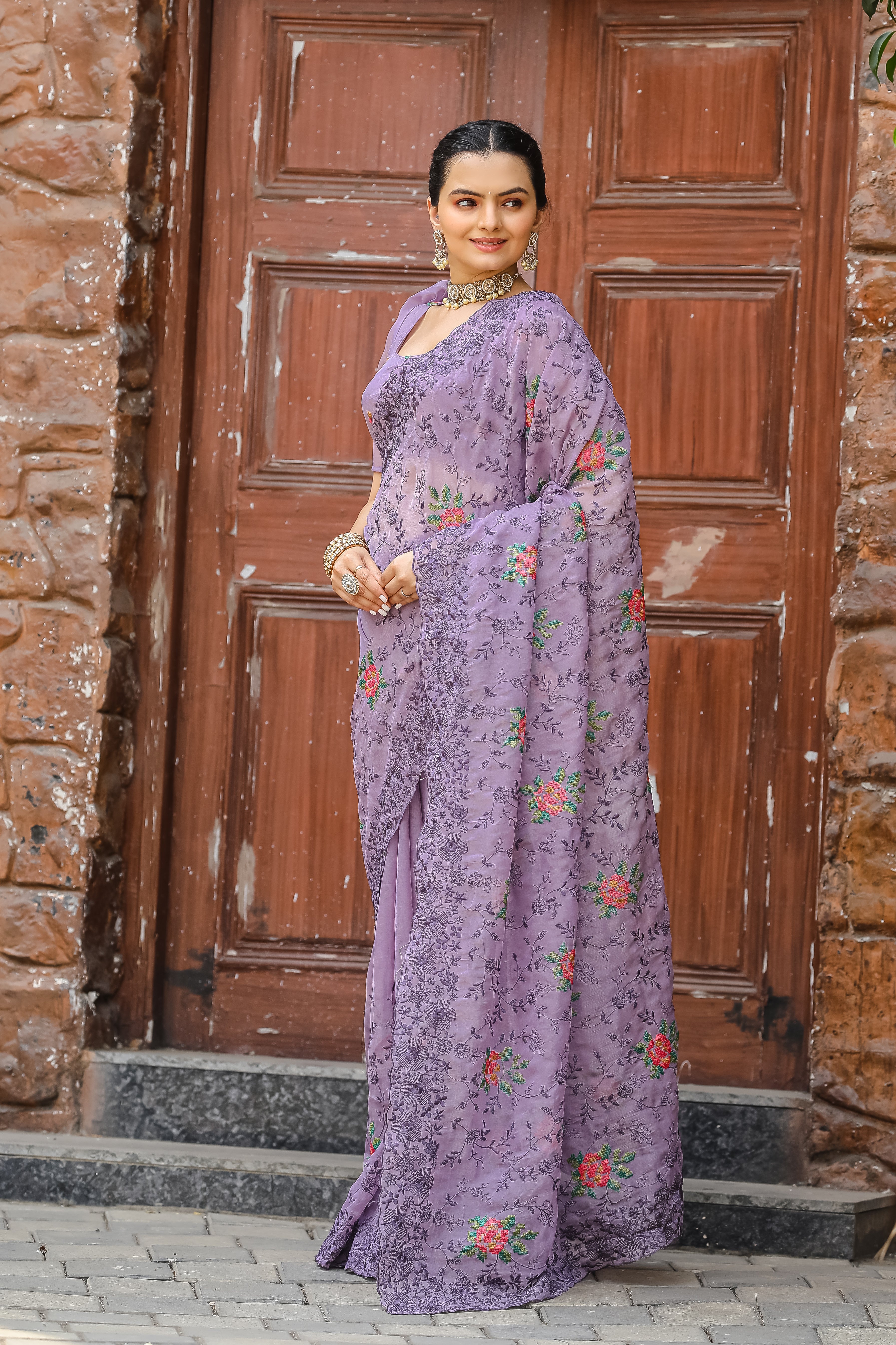 Beautiful All Over Work Chiffon Lavender Color Saree