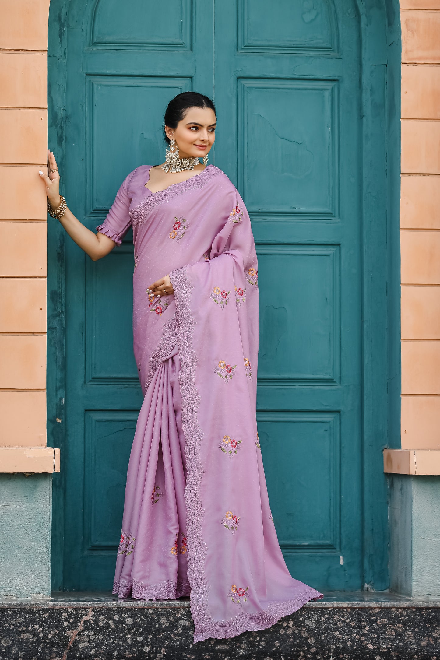 Luxuriant Lavender Color Embroidery Cutwork Saree