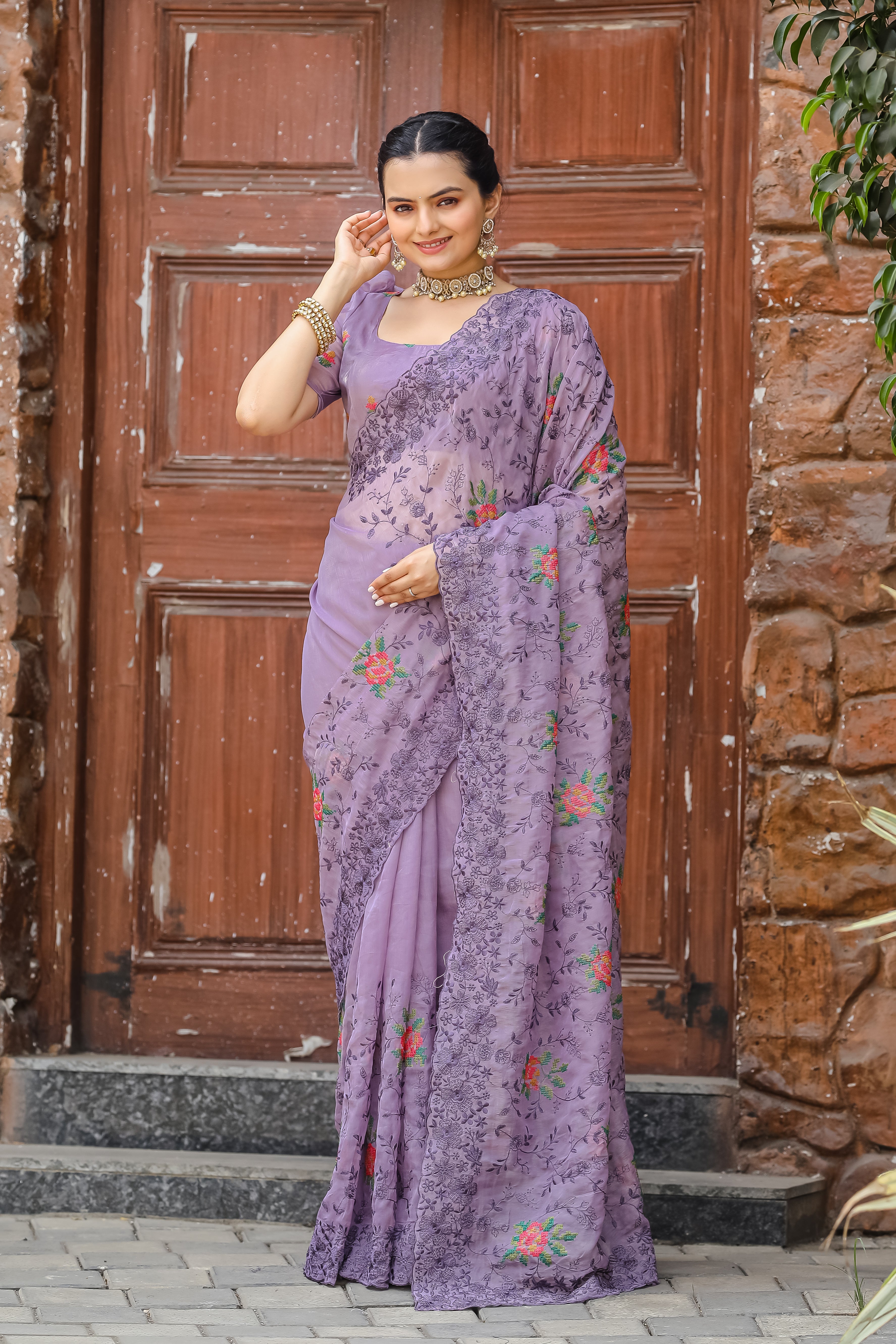 Beautiful All Over Work Chiffon Lavender Color Saree