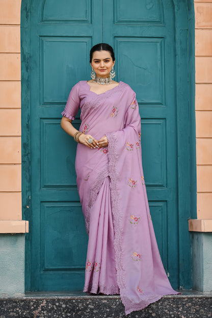 Luxuriant Lavender Color Embroidery Cutwork Saree